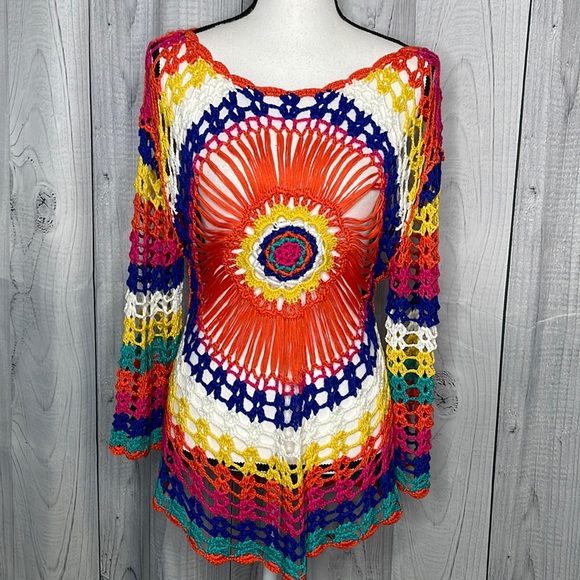 Crocheted Open Knit Sweater Colorful Long Sleeves Rainbow Boho Festival OS - Picture 1 of 6